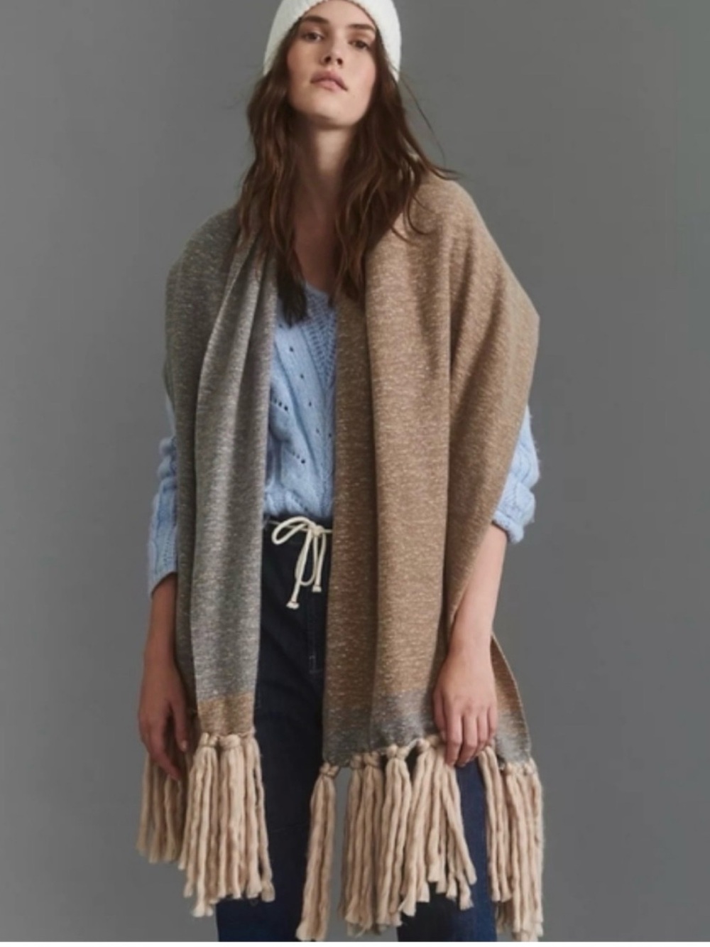 Anthropologie Two-Tone Fringe Wrap in Tan and Gray